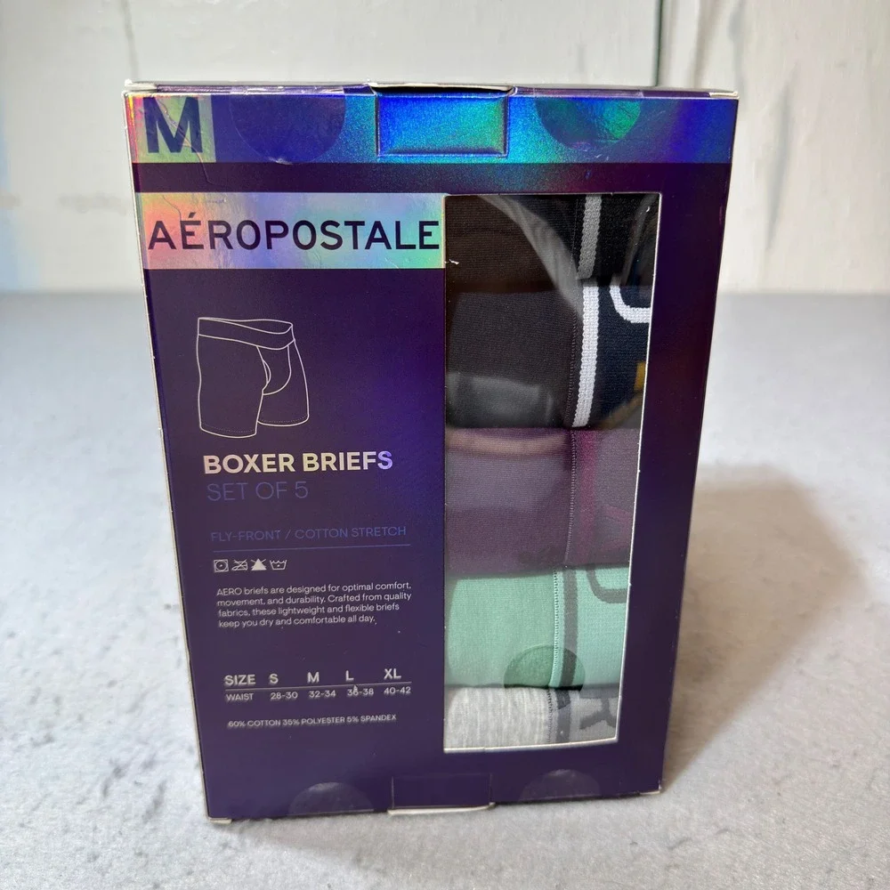 Aeropostale Boxer Briefs Mens Medium Multicolor 5-Pack Cotton Stretch Fly-Front
